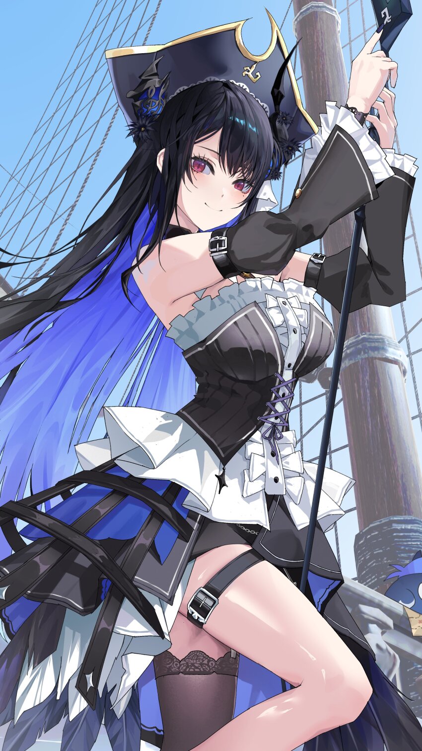 1girl, absurdres, alternate_costume, arms_up, asymmetrical_horns, black_hair, black_hat, black_skirt, blue_hair, bodice, breasts, center_frills, closed_mouth, colored_inner_hair, commentary_request, crinoline, cross-laced_clothes, day, detached_collar, detached_sleeves, feather-trimmed_skirt, flower, frilled_shirt, frilled_sleeves, frills, hat, high-low_skirt, highres, holding, hololive, hololive_english, horn_flower, horns, jailbird_(nerissa_ravencroft), lace, lace-trimmed_thighhighs, lace_trim, large_breasts, layered_skirt, long_hair, long_sleeves, looking_at_viewer, mole, mole_under_eye, multicolored_hair, nerissa_ravencroft, outdoors, pirate_costume, pirate_hat, purple_eyes, shirt, sidelocks, single_thighhigh, skirt, sleeveless, sleeveless_shirt, slit_pupils, smile, solo, thekaiyip, thigh_strap, thighhighs, uneven_horns, very_long_hair, virtual_youtuber, white_shirt, wide_sleeves