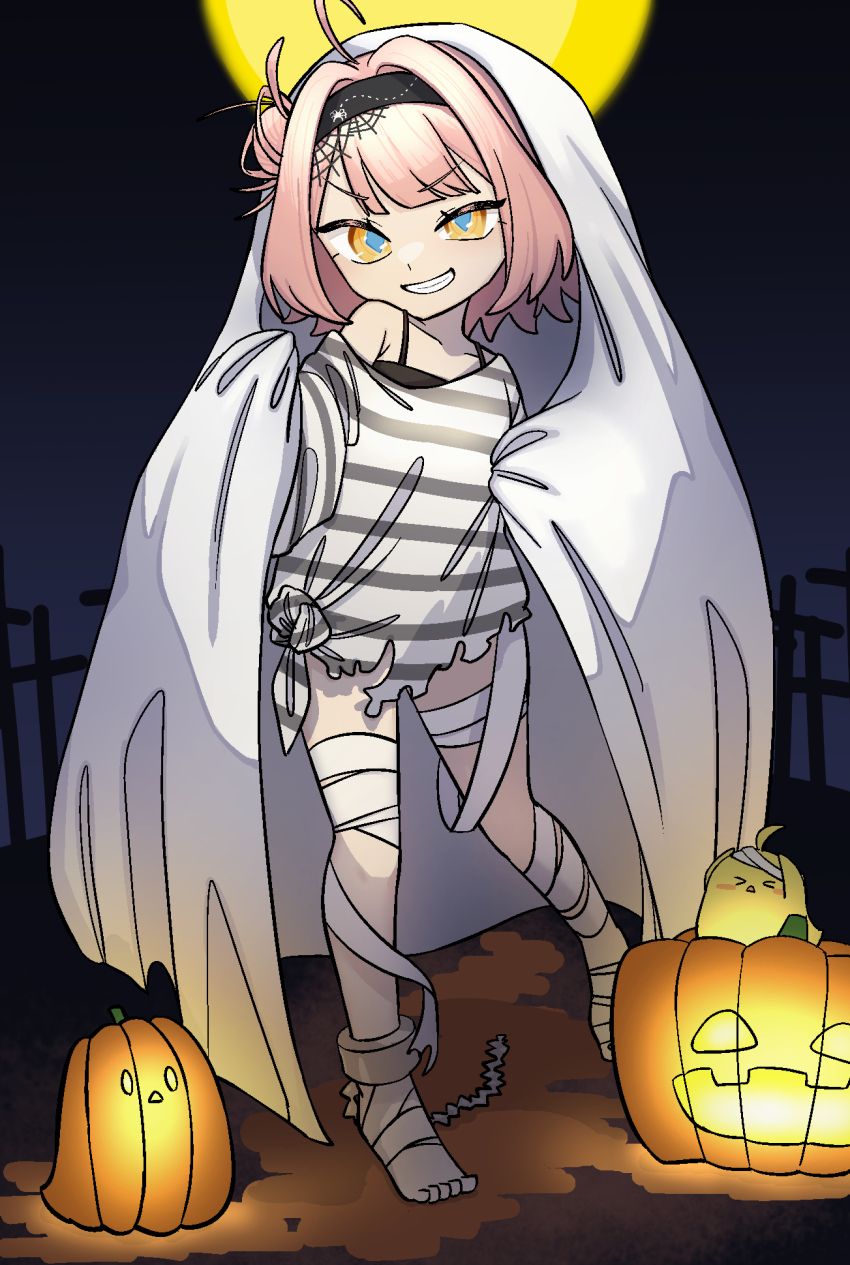 1girl, ahoge, azur_lane, bandaged_leg, bandages, black_bra, black_hairband, blue_pupils, bra, full_body, grin, hair_bun, hairband, halloween, halloween_costume, highres, loli, looking_at_viewer, manjuu_(azur_lane), mitsubasizu, night, outdoors, petite, pink_hair, pumpkin, shirt, short_hair, sky, smile, standing, swept_bangs, tied_shirt, toes, u-81_(azur_lane), underwear, yellow_eyes