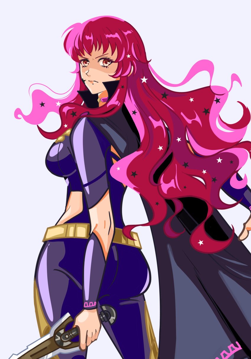 1girl, ass, belt, black_cape, bodysuit, breasts, cape, choker