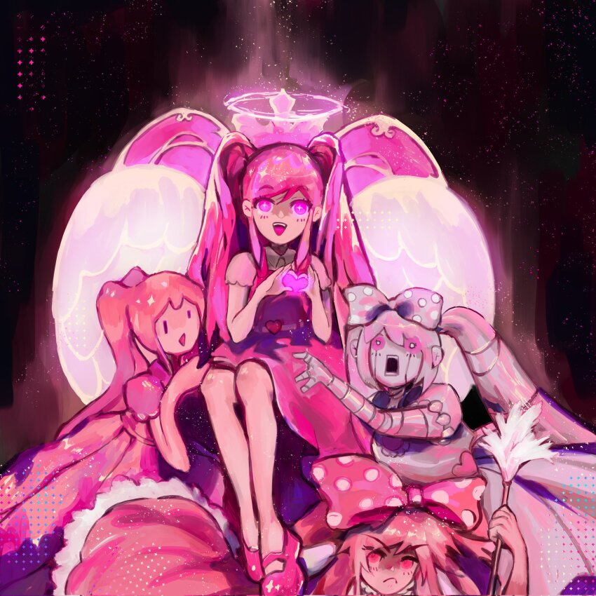 +_+, 4girls, :d, angel, angel_wings, black_background, bow, bright_pupils