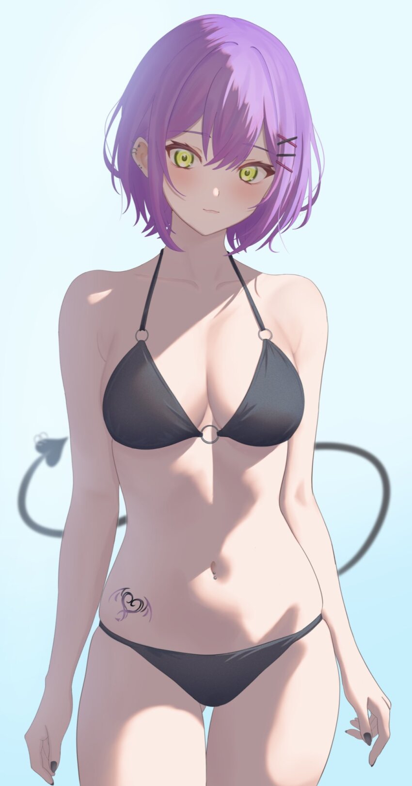 1girl, alternate_costume, alternate_hair_length, alternate_hairstyle, barbell_piercing, bikini, black_bikini, black_nails, blue_background, blush, breasts, cleavage, closed_mouth, collarbone, commentary, cowboy_shot, demon_tail, double-parted_bangs, ear_piercing, gluteal_fold, gradient_background, green_eyes, hair_ornament, hairclip, highres, hillgar0, hip_tattoo, hololive, industrial_piercing, light_smile, looking_at_viewer, medium_breasts, nail_polish, navel, navel_piercing, o-ring, o-ring_bikini, piercing, purple_hair, short_hair, simple_background, skindentation, solo, standing, stomach, swimsuit, tail, tail_ornament, tail_piercing, tattoo, thigh_gap, tokoyami_towa, virtual_youtuber, winged_heart, winged_heart_tattoo, x_hair_ornament
