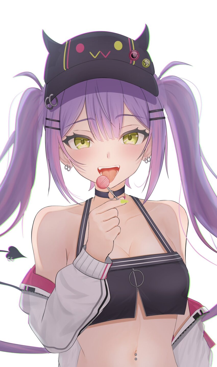 1girl, backlighting, baseball_cap, bibi_(tokoyami_towa), black_choker, black_hat, black_tank_top, blush, breasts, candy, center-flap_bangs, choker, cleavage, commentary, crop_top, demon_tail, double-parted_bangs, earrings, eyelashes, fake_horns, food, green_eyes, green_nails, hair_ornament, hairclip, hat, hat_pin, highres, hillgar0, holding, holding_candy, holding_food, holding_lollipop, hololive, horned_headwear, horns, jacket, jewelry, lollipop, long_hair, looking_at_viewer, medium_breasts, multicolored_hair, nail_polish, navel, navel_piercing, o-ring, o-ring_choker, off_shoulder, open_clothes, open_jacket, open_mouth, piercing, pink_hair, purple_hair, simple_background, smile, solo, streaked_hair, tail, tail_ornament, tail_piercing, tank_top, tokoyami_towa, tokoyami_towa_(1st_costume), tongue, twintails, two-sided_fabric, two-sided_jacket, two-tone_hair, upper_body, virtual_youtuber, white_background, white_jacket