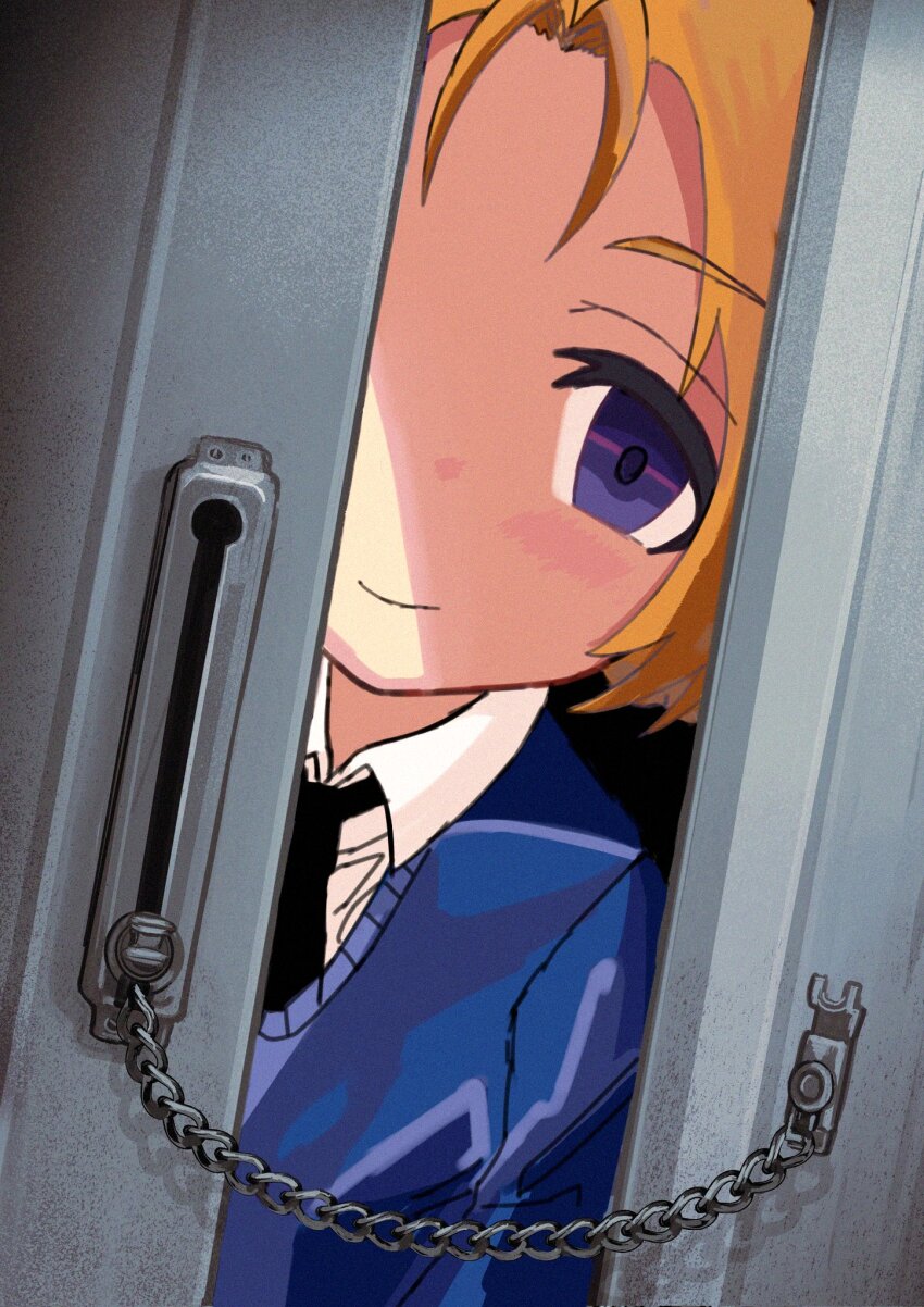 1girl, black_necktie, blue_jacket, closed_mouth, door_lock, girls_und_panzer, highres, jacket