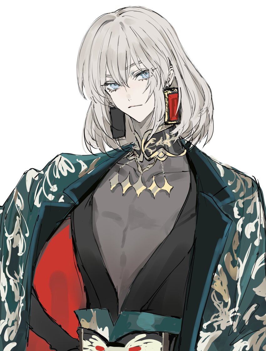 1boy, absurdres, blue_eyes, earrings, fate/grand_order, fate_(series), grey_hair, hair_between_eyes