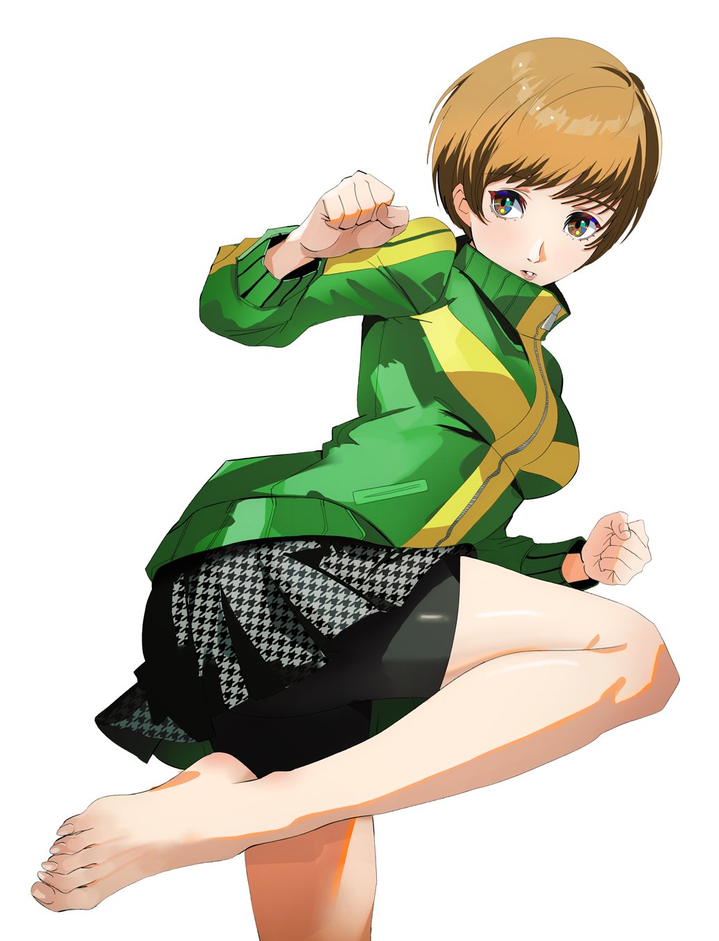 1girl, bare_legs, barefoot, bike_shorts, black_shorts, breasts, brown_eyes, brown_hair