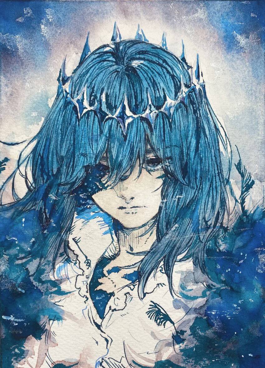 1boy, blue_eyes, blue_hair, closed_mouth, collared_shirt, crown, fate/grand_order, fate_(series)