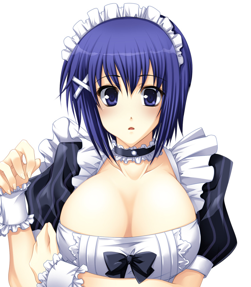 1girl, arm_under_breasts, blue_eyes, blue_hair, blush, breasts, cleavage, highres