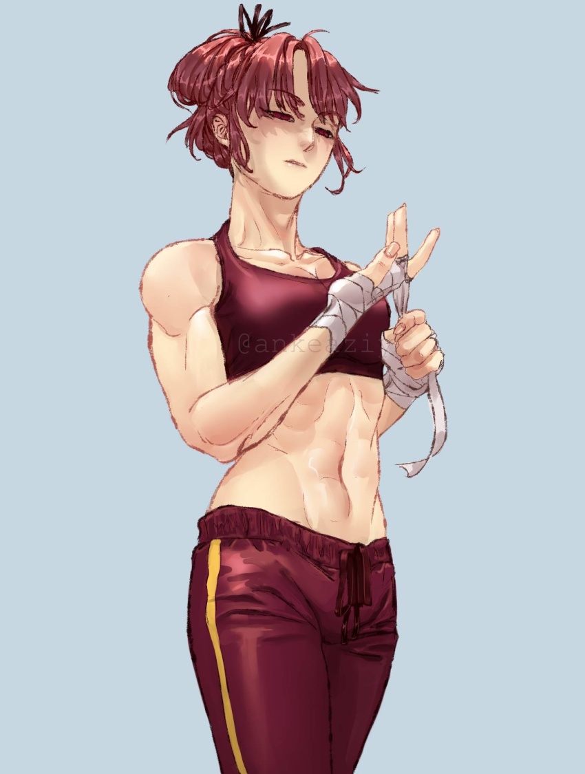 1girl, abs, artist_request, bandaged_hand, bandages, blue_background, girls_of_the_wild's, highres