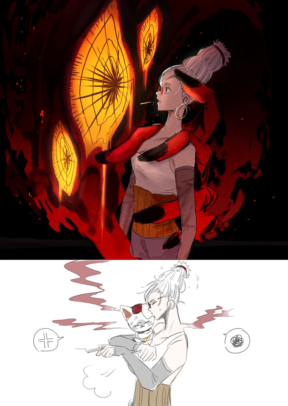 2girls, anger_vein, ayase_seiko, black_nails, cat, cigarette, closed_eyes, collarbone