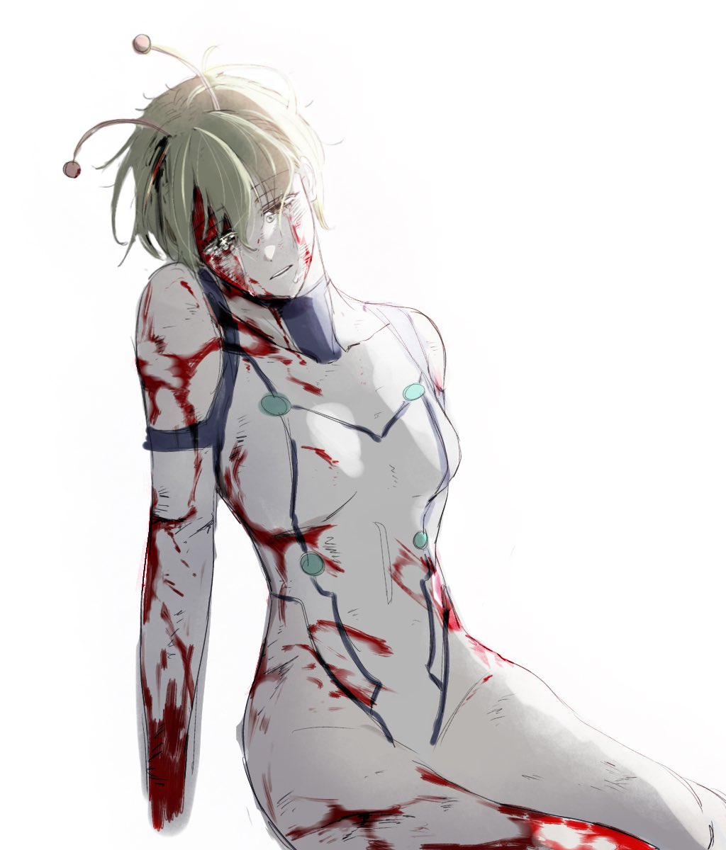 1girl, alien, antennae, blonde_hair, blood, blood_in_hair, blood_on_clothes, blood_on_face, bodysuit, breasts, commentary_request, dandadan, feet_out_of_frame, highres, medium_breasts, nimaigai_2222, parted_lips, short_hair, sitting, solo, spacesuit, tears, vamola_(dandadan), white_background, white_bodysuit, yokozuwari