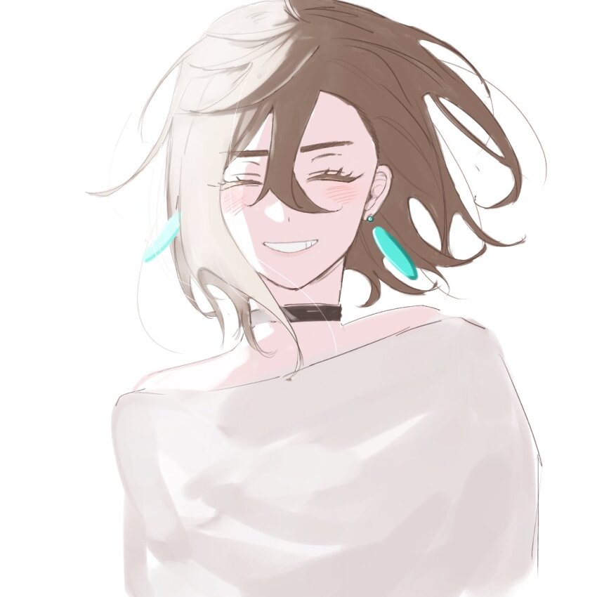 1girl, ayase_momo, bare_shoulders, black_choker, blush, brown_hair, choker, closed_eyes