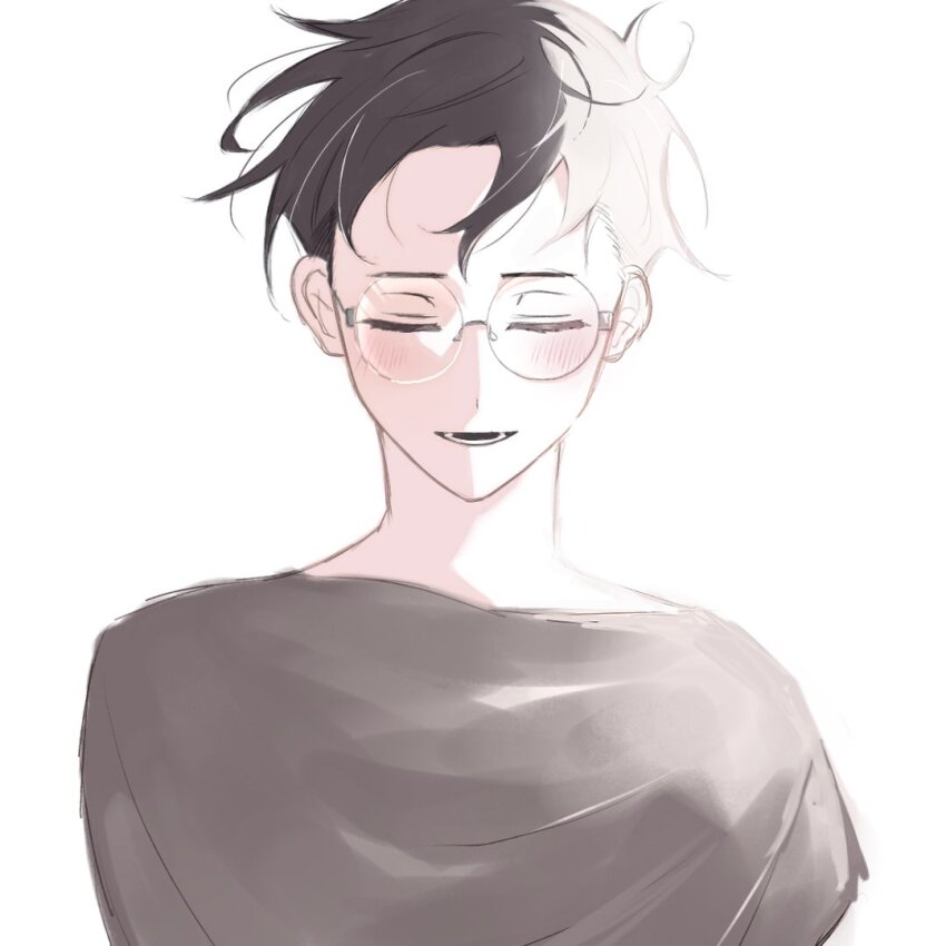 1boy, black_hair, blush, closed_eyes, commentary, dandadan, facing_viewer, glasses