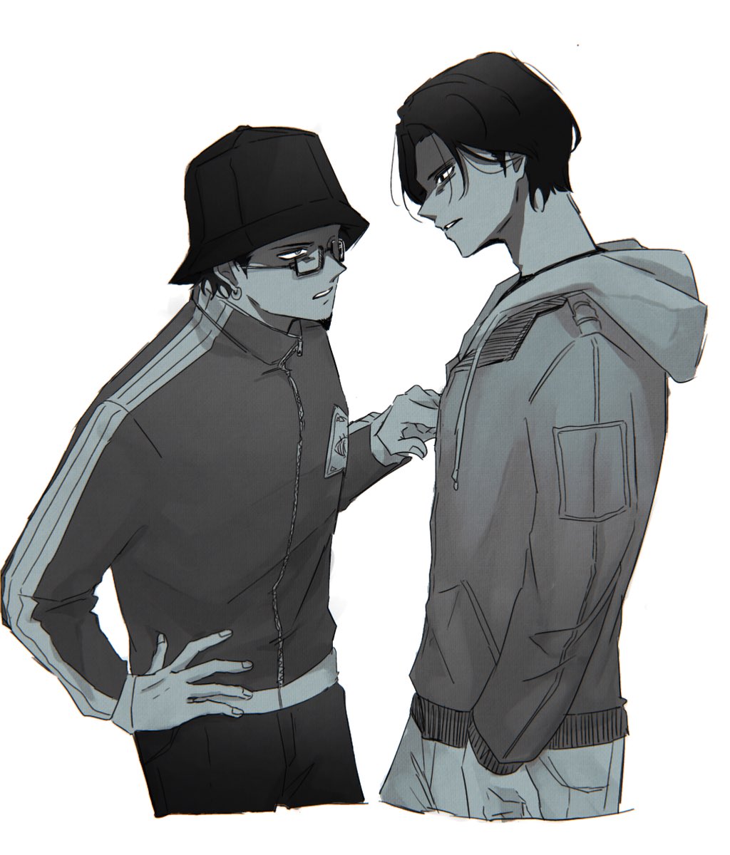 2boys, black_hair, cowboy_shot, cropped_legs, dandadan, earrings, glasses, hand_on_own_hip