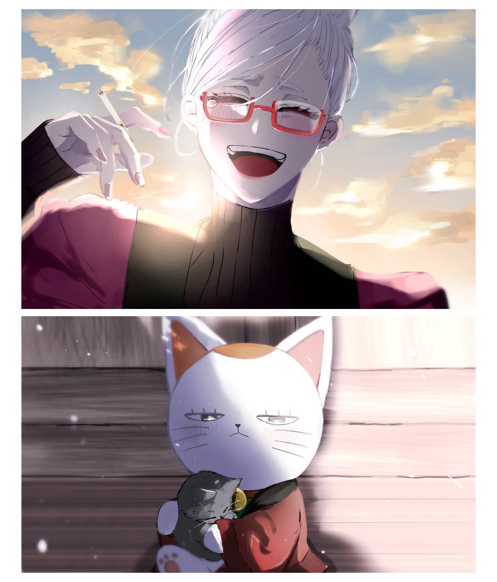 2girls, animal, ayase_seiko, bell, cat, cigarette, closed_eyes, cloud, cloudy_sky, commentary_request, dandadan, facing_viewer, glasses, hand_up, highres, holding, holding_cigarette, looking_at_viewer, mature_female, multiple_girls, neck_bell, nimaigai_2222, open_mouth, outdoors, red-framed_eyewear, ribbed_sweater, semi-rimless_eyewear, sky, sunlight, sweater, teeth, turbo_granny_(dandadan), turtleneck, turtleneck_sweater, under-rim_eyewear, upper_body, upper_teeth_only, white_hair