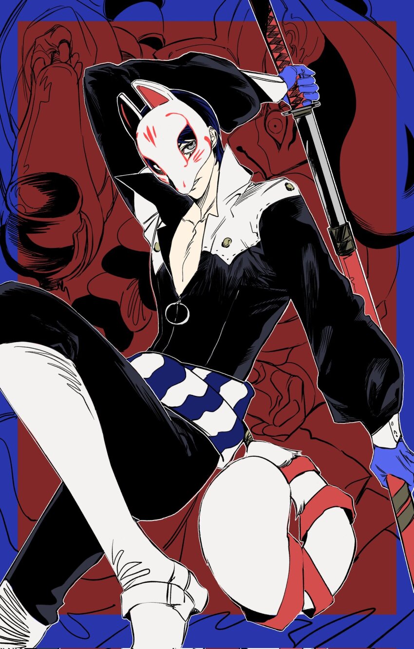 1boy, black_jacket, blue_border, blue_gloves, blue_hair, blue_sash, boots, border