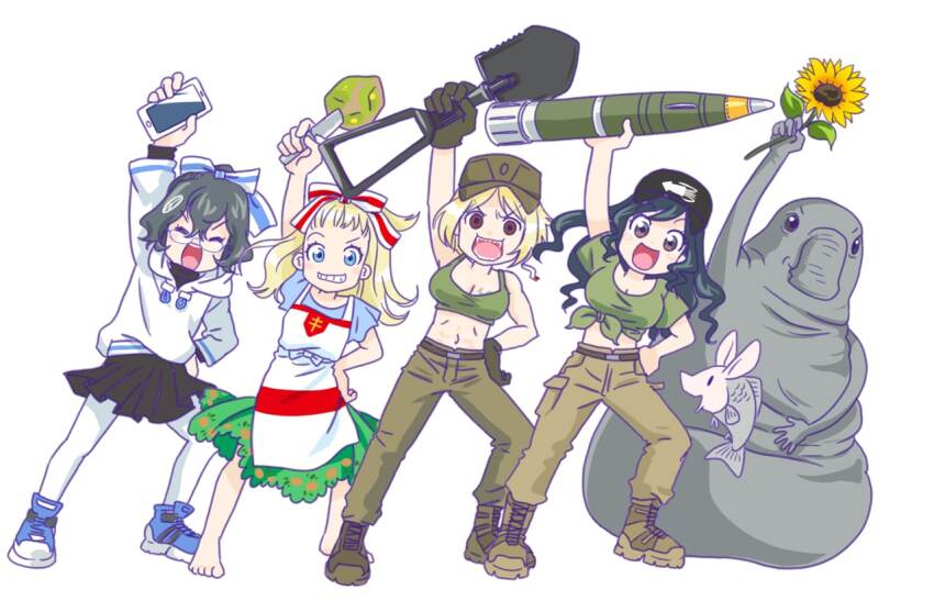 2others, 4girls, anonymous_(japanese), arm_up, azov_battalion, barefoot, belarusian_opposition_flag_print, belt