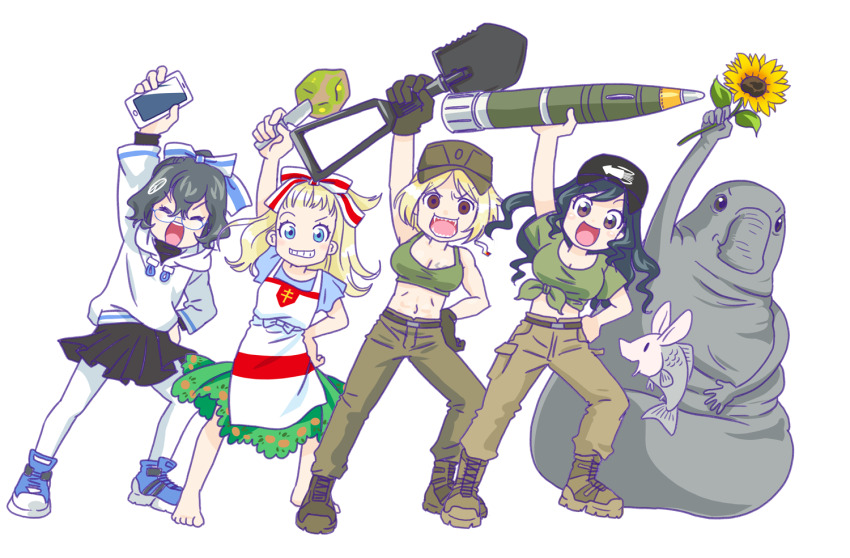 2others, 4girls, anonymous_(japanese), arm_up, azov_battalion, barefoot, belarusian_opposition_flag_print, belt