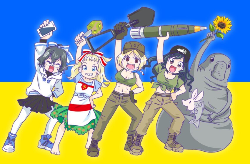 2others, 4girls, anonymous_(japanese), arm_up, azov_battalion, barefoot, belarusian_opposition_flag, belarusian_opposition_flag_print