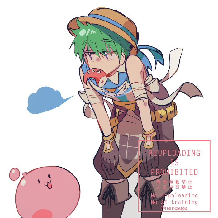 1boy, :3, blue_shirt, boots, brown_boots, brown_gloves, brown_hat, brown_shorts