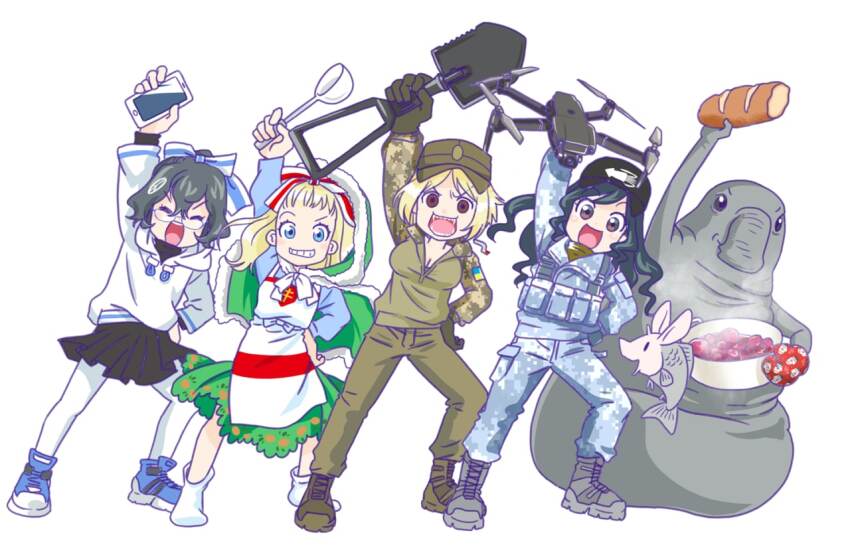 2others, 4girls, anonymous_(japanese), arm_up, azov_battalion, belarusian_opposition_flag, belarusian_opposition_flag_print, belt, black_shirt, black_sweater, blonde_hair, blouse, blue_eyes, blue_shirt, blue_shoes, bob_cut, boots, bow, bowl, breasts, brown_boots, brown_eyes, brown_pants, camouflage, capelet, cargo_pants, cigarette, cleavage, closed_eyes, crop_top, digital_camouflage, dress, drone, fur-trimmed_capelet, fur_trim, gloves, green_capelet, green_gloves, green_hair, green_shirt, green_tank_top, grin, hair_between_eyes, hair_ribbon, hand_on_own_hip, hat, holding, holding_bowl, holding_drone, holding_phone, holding_shovel, homunculus_loxodontus, hood, hooded_capelet, hoodie, jacket, japanon, kraken_(japanon), leaning_to_the_side, lera_(sighttobehold), load_bearing_equipment, load_bearing_vest, long_hair, looking_at_viewer, marichka, medium_breasts, military, military_combat_uniform, military_uniform, miniskirt, mittens, multiple_girls, multiple_others, nazi, open_mouth, original, outstretched_arm, outstretched_arms, pants, pantyhose, paulinka_(japanon), peaked_cap, phone, pinafore_dress, pleated_skirt, ribbon, russian_anti-war_flag, russo-ukrainian_war, schweinokaras, sharp_teeth, shirt, shirt_bow, shoes, short_hair, shovel, skirt, sleeveless, sleeveless_dress, smile, sneakers, snow_camouflage, socks, soldier, squid_print, swastika, swastika_tattoo, sweater, tank_top, tattoo, teeth, toes, tongue, turtleneck, turtleneck_sweater, ukraine, unzipped, upper_teeth_only, white_background, white_hoodie, white_pantyhose, winter_clothes