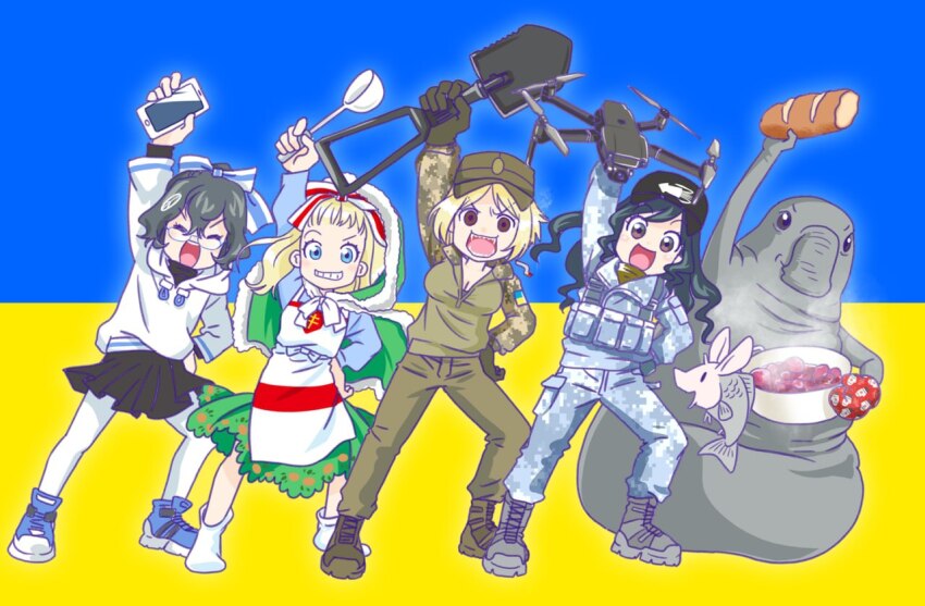 2others, 4girls, anonymous_(japanese), arm_up, azov_battalion, belarusian_opposition_flag, belarusian_opposition_flag_print, belt