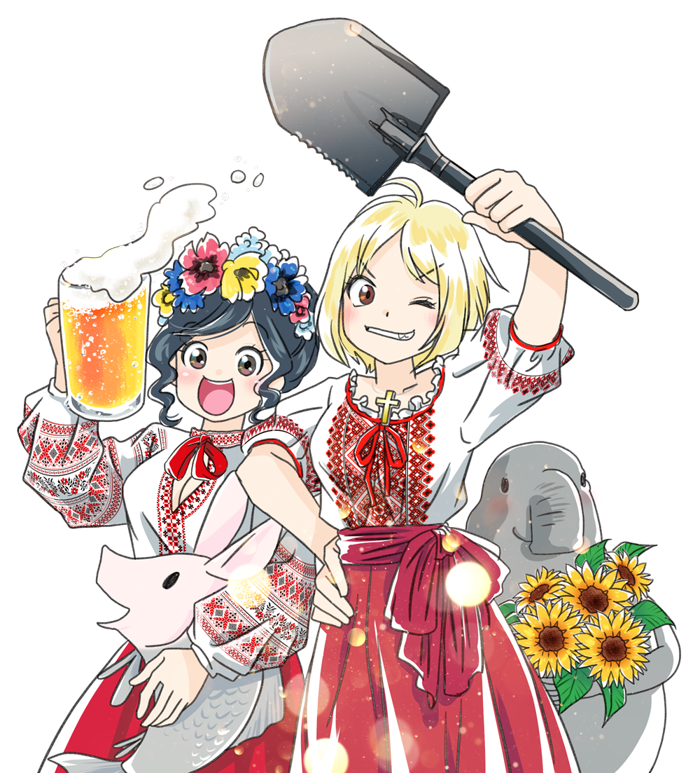 2girls, 2others, alcohol, alternate_hairstyle, animal, anonymous_(japanese), arm_up, beer