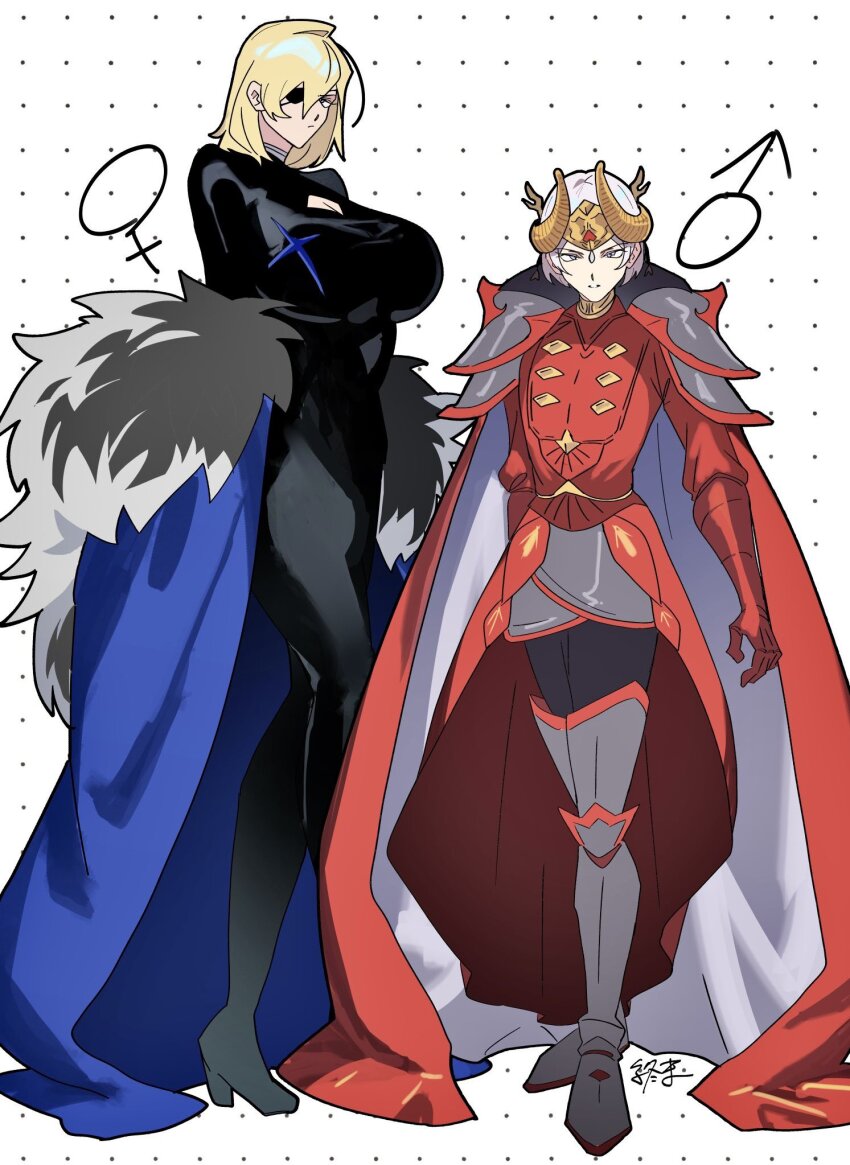 1boy, 1girl, alternate_universe, angry, armor, armored_boots, black_suit, blonde_hair, blue_cape, blue_eyes, bodysuit, boots, breasts, cape, center_opening, cleavage, cleavage_cutout, closed_mouth, clothing_cutout, collared_cape, commentary_request, dimitri_alexandre_blaiddyd, dimitri_alexandre_blaiddyd_(timeskip), dress, edelgard_von_hresvelg, edelgard_von_hresvelg_(timeskip), eyepatch, fake_horns, fire_emblem, fire_emblem:_three_houses, formal_clothes, fur-trimmed_cape, fur_trim, genderswap, genderswap_(ftm), genderswap_(mtf), gloves, hair_between_eyes, headpiece, height_difference, high_collar, highres, horns, huge_breasts, long_hair, long_sleeves, looking_at_viewer, looking_to_the_side, nintendo, off_shoulder, pants, parted_lips, purple_eyes, red_cape, short_hair, shoulder_armor, shumatsu3210, standing, suit, white_background, white_hair