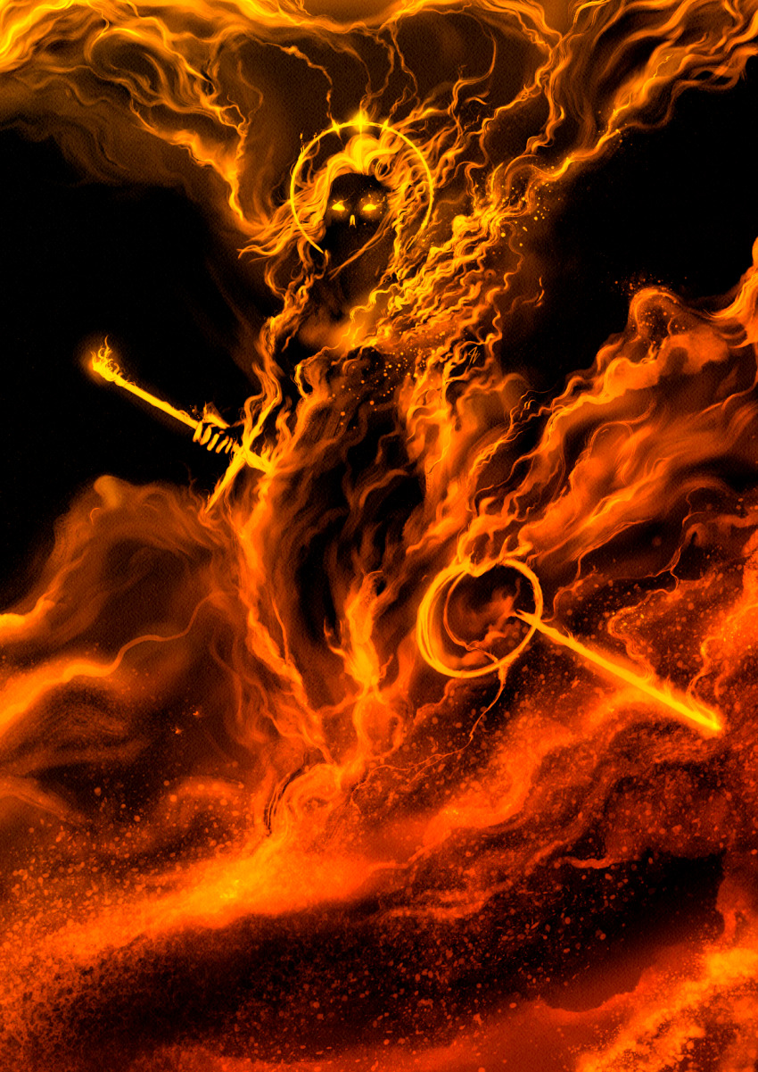 balrog_(tolkien), fantasy, fire, flaming_sword, flaming_weapon, glowing, glowing_eyes, halo