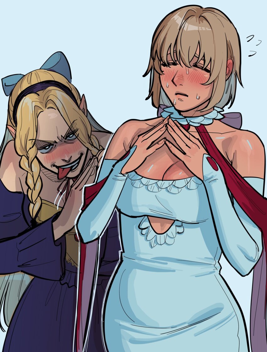 2girls, bare_shoulders, blonde_hair, blue_dress, brown_hair, detached_sleeves, dress, drugsandsocks