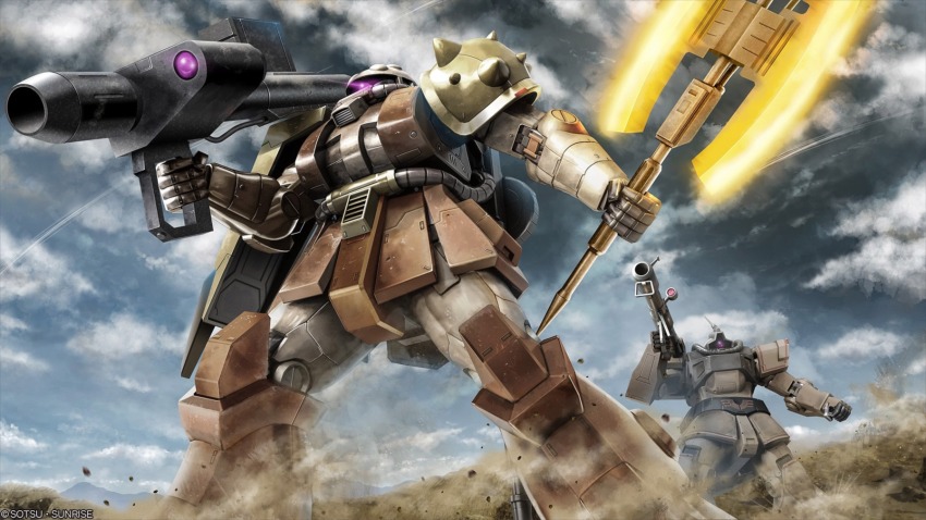 absurdres, bazooka_(gundam), beam_cannon, cable, cloud, cloudy_sky, copyright_logo, debris