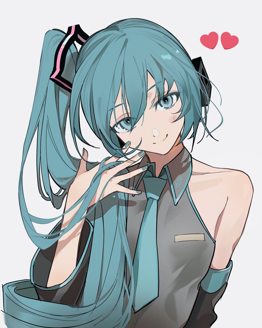 1girl, amd_aoneko, bare_shoulders, blue_eyes, blue_hair, blue_nails, blue_necktie, breasts, collarbone, detached_sleeves, grey_background, hand_in_own_hair, hatsune_miku, heart, highres, looking_at_viewer, meme, necktie, side_ponytail, sidetail_miku_noodle_stopper_(meme), simple_background, small_breasts, smile, solo, vocaloid