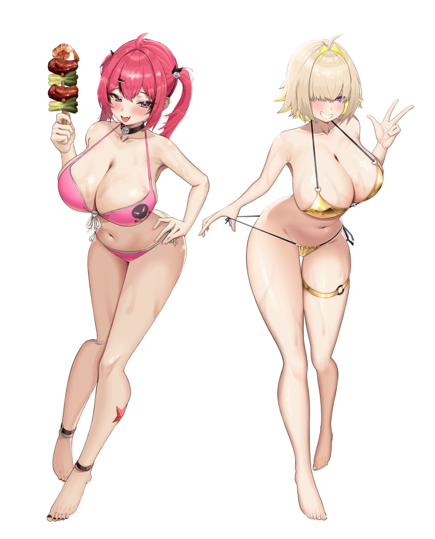 2girls, :d, absurdres, ahoge, barefoot, bikini, black_choker, blonde_hair