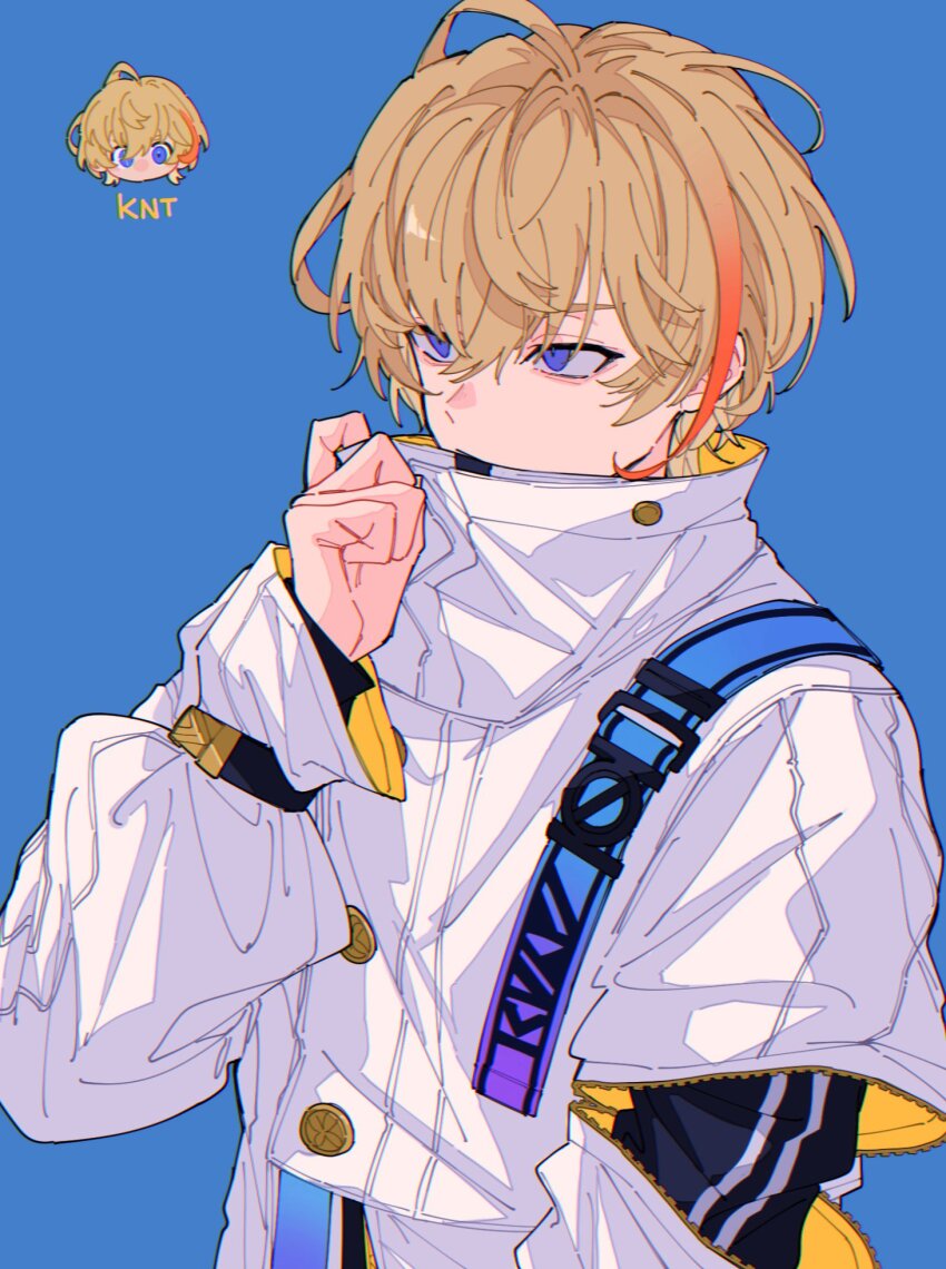 1boy, blonde_hair, blue_background, buttons, character_name, closed_mouth, coat, fura_kanato