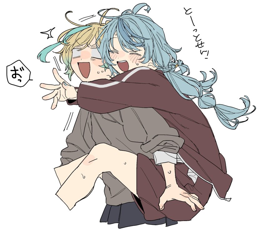 2girls, aqua_hair, blonde_hair, blue_hair, brown_jacket, brown_shorts, closed_eyes, dayama