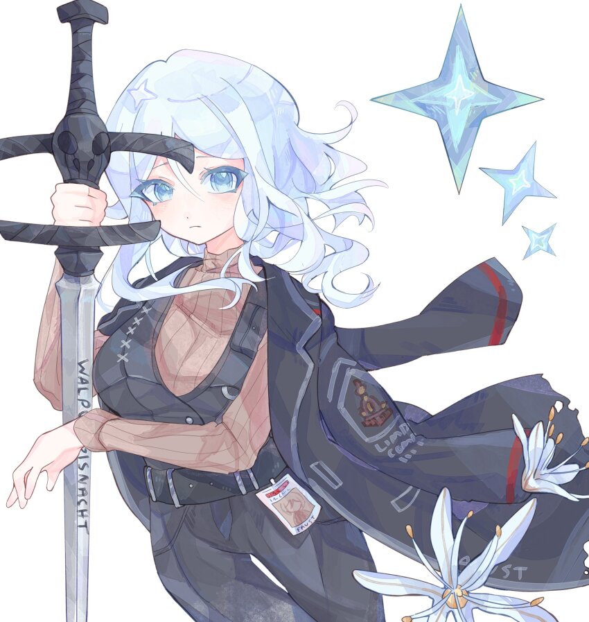 1girl, absurdres, black_coat, black_pants, black_vest, blue_eyes, breasts, brown_sweater