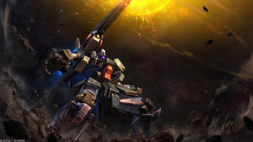 absurdres, asteroid, beam_cannon, cable, copyright_logo, debris, energy, ga-zowmn, glowing, gundam, gundam_battle_operation_2, gundam_unicorn, gundam_zz, highres, logo, machinery, mecha, mecha_focus, mobile_suit, neo_zeon, no_humans, official_art, one-eyed, painting_(medium), realistic, robot, rock, scan, science_fiction, shoulder_cannon, sunrise_(company), tenjin_hidetaka, thrusters, traditional_media