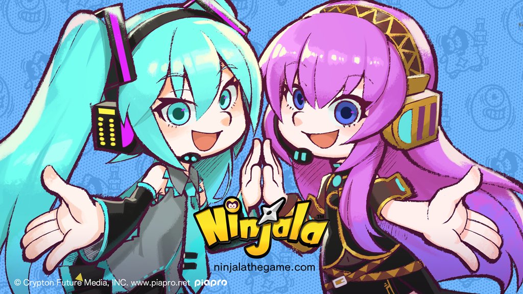 2girls, aqua_background, aqua_eyes, aqua_gem, aqua_hair, aqua_necktie, aqua_trim, armband, bare_shoulders, belt, belt_buckle, black_armband, black_jacket, black_skirt, black_sleeves, blue_pupils, buckle, collared_shirt, commentary, company_name, copyright_name, copyright_notice, covered_navel, cowboy_shot, crossover, detached_sleeves, dress_shirt, english_commentary, eyelashes, gem, grey_shirt, gumchi, gungho, hair_ornament, hatsune_miku, headphones, headset, jacket, lace, lace-trimmed_shirt, lace_trim, logo, long_hair, looking_at_viewer, megurine_luka, miniskirt, multiple_girls, necktie, ninjala, official_art, pink_hair, pleated_skirt, polka_dot, polka_dot_background, rianti-wong, saturated, second-party_source, shirt, shuriken, simple_background, single_detached_sleeve, skirt, sleeveless, sleeveless_jacket, straight_hair, tie_clip, twintails, very_long_hair, vocaloid, watermark, weapon, web_address, wing_collar, yellow_belt, yellow_sleeves, yellow_trim