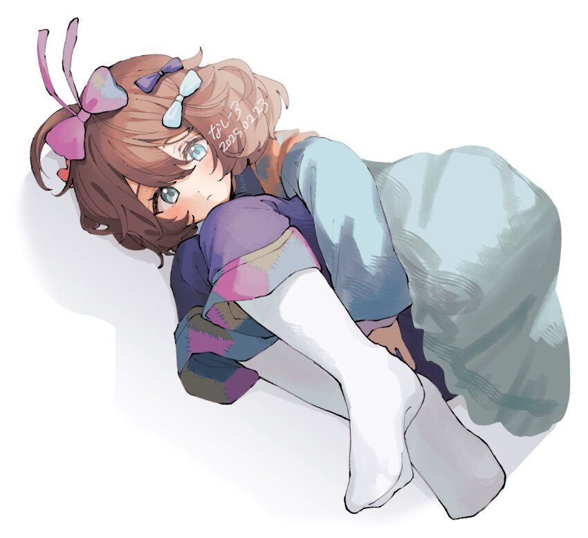 1girl, :<, ahoge, artist_name, blue_bow, blue_dress, blue_eyes, blue_pants