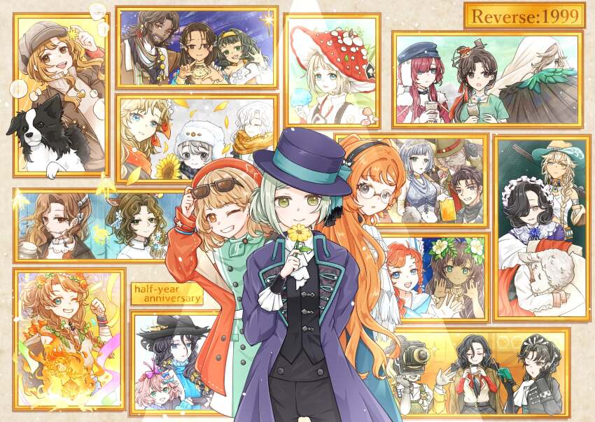 3girls, adjusting_eyewear, anniversary, aqua_dress, argus_(reverse:1999), ascot, avgust_(reverse:1999), barbara_(reverse:1999)