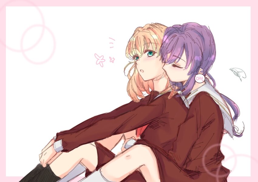 2girls, :o, aqua_eyes, black_socks, border, brown_dress, cerise_bouquet, commentary_request