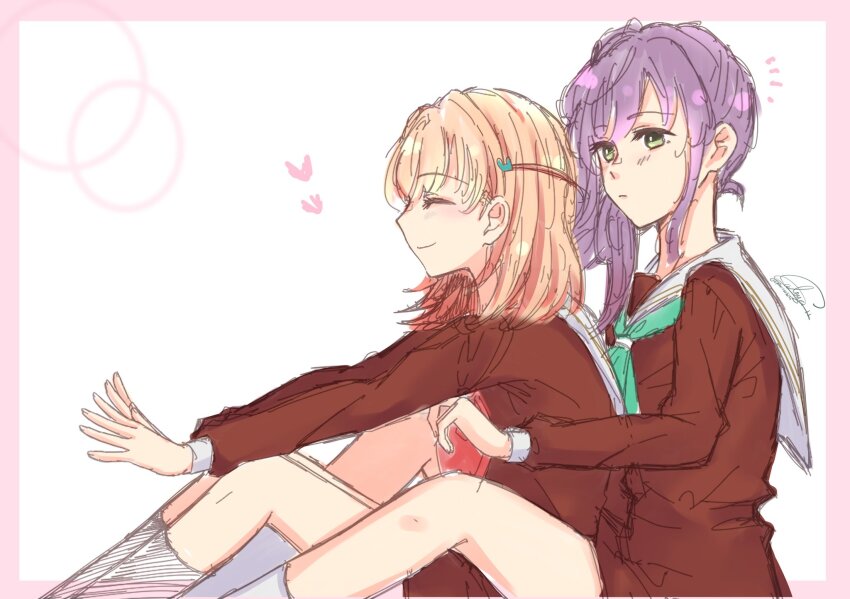 2girls, aqua_neckerchief, border, brown_dress, cerise_bouquet, closed_mouth, commentary_request, dress