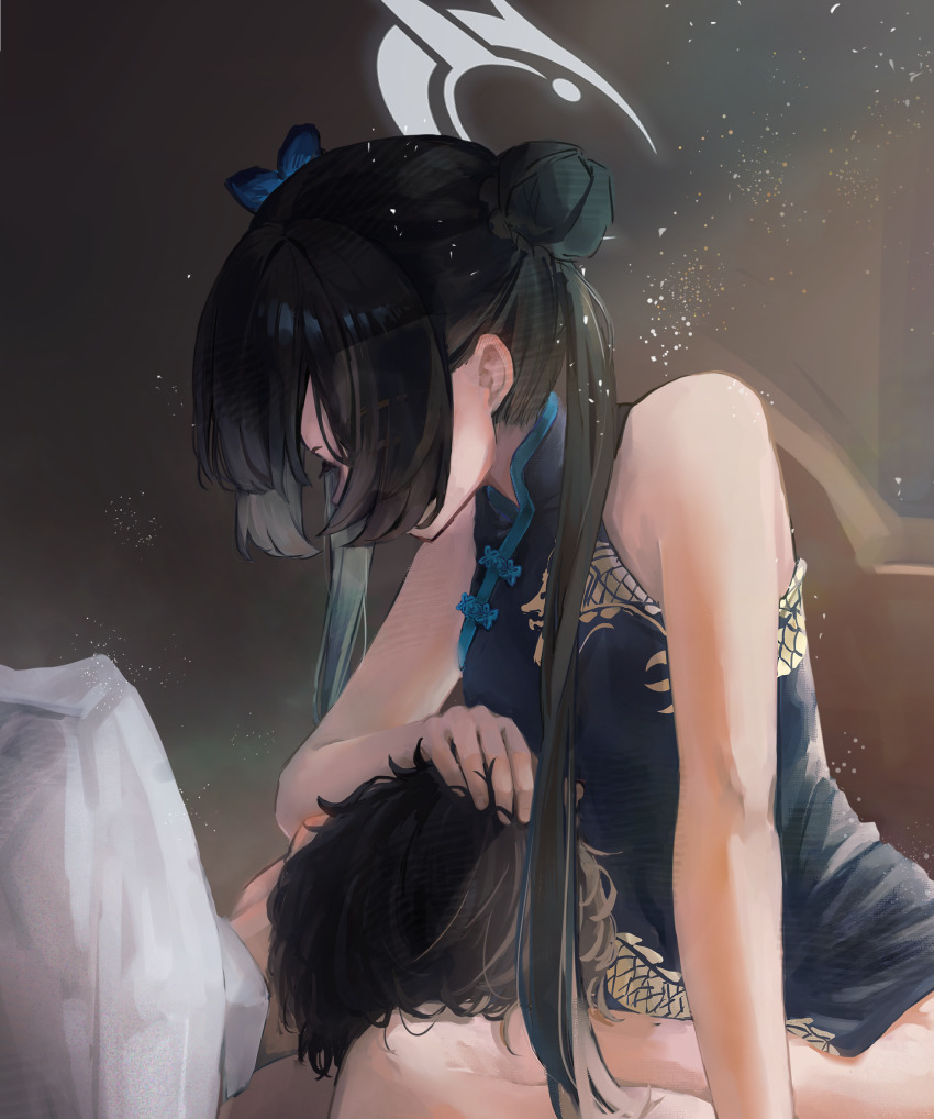 absurdres, blue_archive, butterfly_hair_ornament, china_dress, chinese_clothes, dragon_print, dress, grey_halo, hair_bun, hair_ornament, halo, highres, kasiwamomomo, kisaki_(blue_archive), lap_pillow, sensei_(blue_archive)