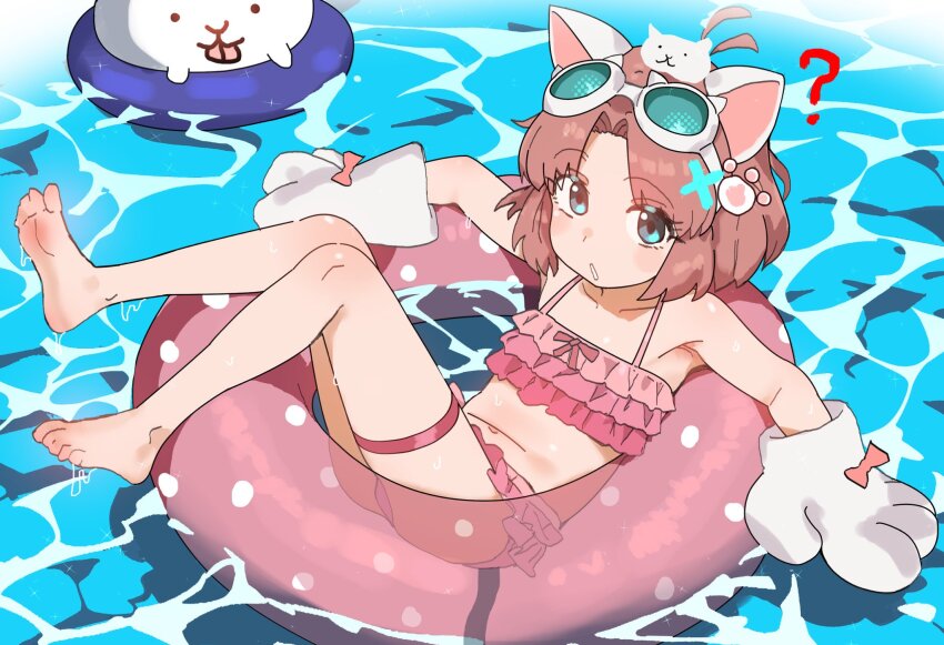 1girl, ?, animal_ears, animal_hands, antenna_hair, aqua_eyes, armpits, bare_shoulders