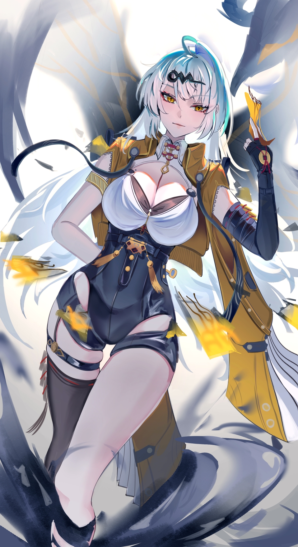 1girl, arm_behind_back, black_bra, black_gloves, black_shorts, black_thighhighs, bra, breasts