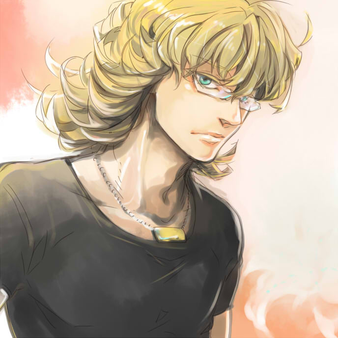 10s, 1boy, arimaty, barnaby_brooks_jr., blonde_hair, glasses, gradient_background, green_eyes