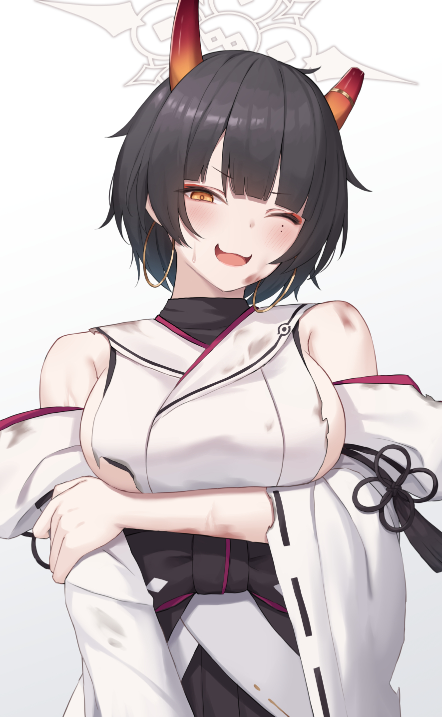 1girl, arm_under_breasts, black_hair, blue_archive, blunt_bangs, breasts, broken_horn, bruise