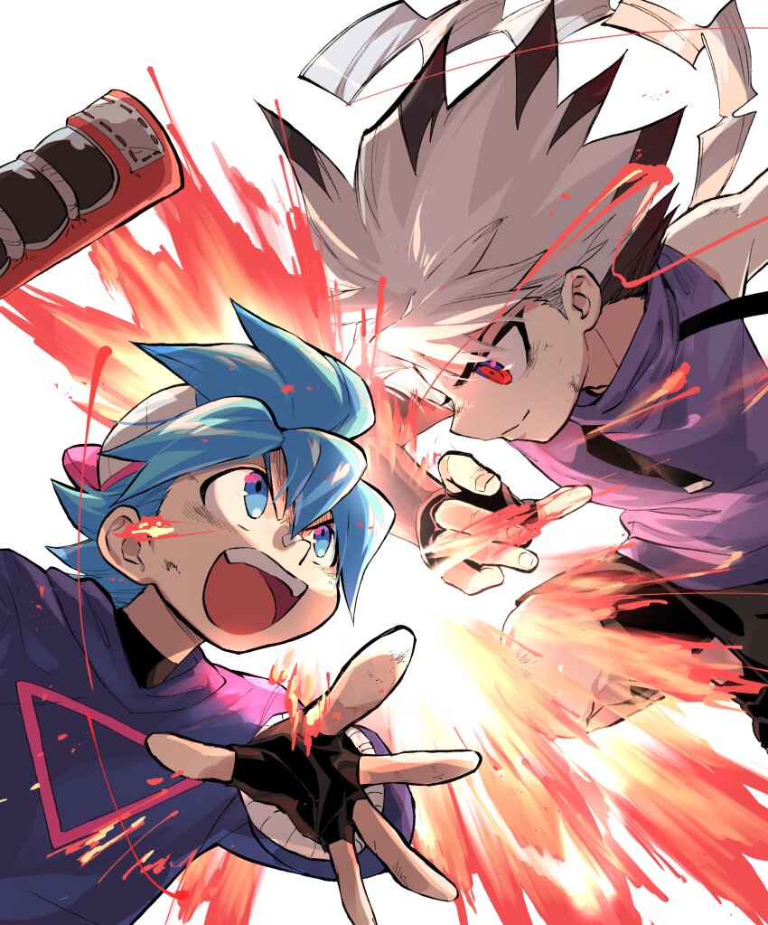 2boys, absurdres, aqua_eyes, aqua_hair, backwards_hat, bare_shoulders, baseball_cap, battle