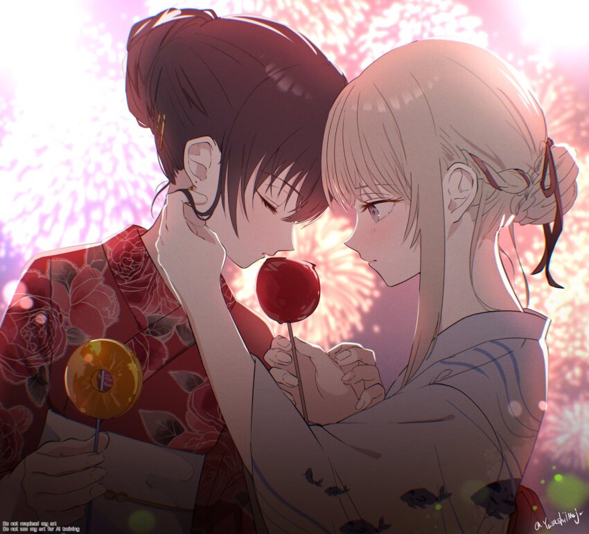 2girls, aerial_fireworks, black_hair, blonde_hair, blush, braid, candy_apple, closed_eyes