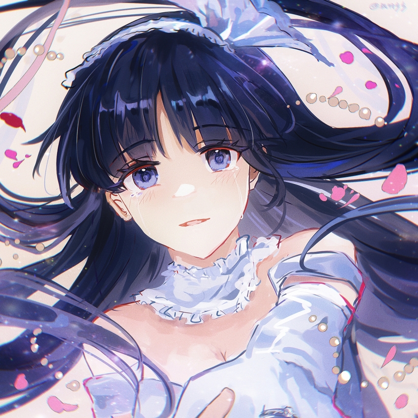 1girl, black_hair, blue_eyes, blunt_bangs, crying, highres, kongmingbubu, long_hair