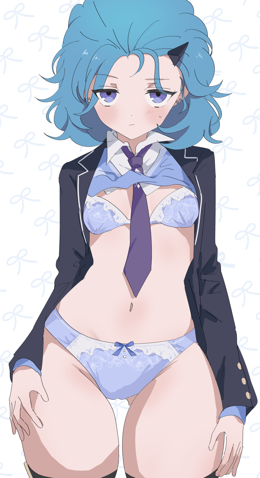 1girl, absurdres, blue_bra, blue_hair, blue_panties, blue_vest, bra, breasts